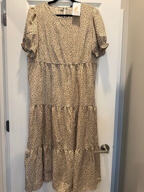 Tiered Leopard Print Midi Dress - Beige